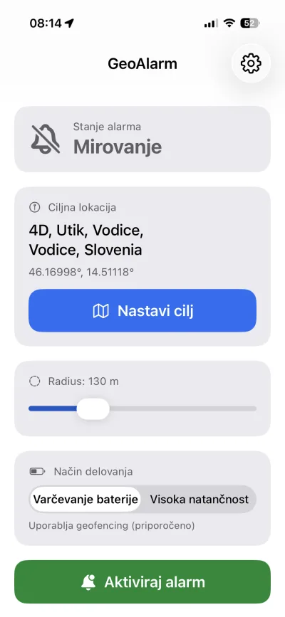 Predogled aplikacije GeoAlarm