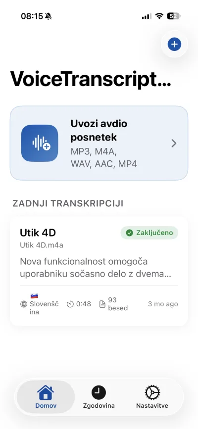 Predogled aplikacije VoiceTranscript